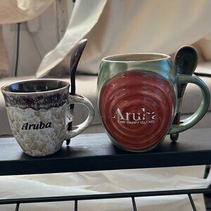 Hand-crafted pair of Aruba mugs with spoon - NWT